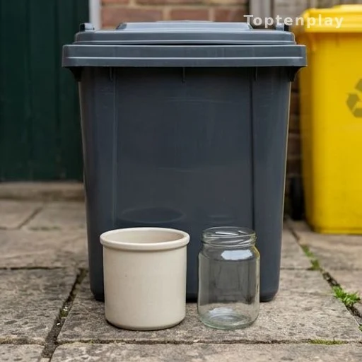Pot en céramique et pot en verre près des poubelles de tri ménager