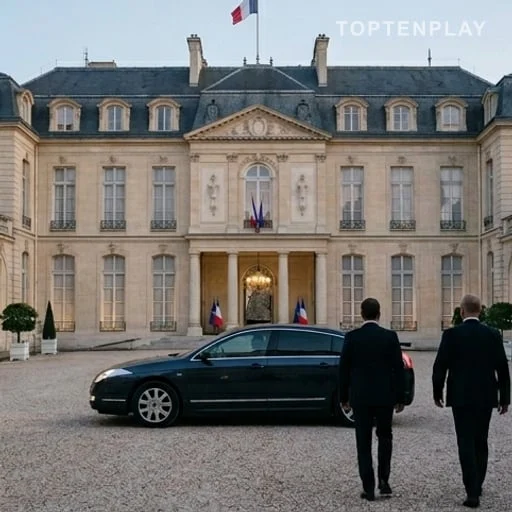 Voitures officielles devant un palais sous sécurité