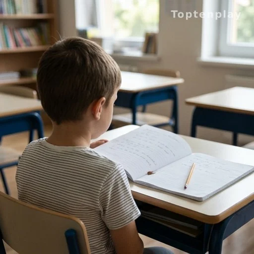 Enfant de dos assis à un bureau scolaire, développement de l'enfant