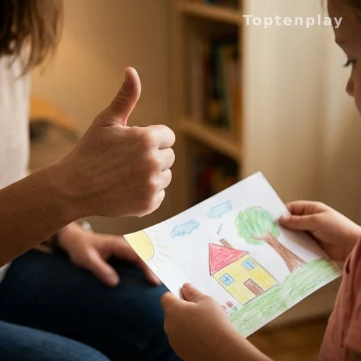 Main adulte encourageant un enfant pour ses efforts créatifs, parentalité bienveillante