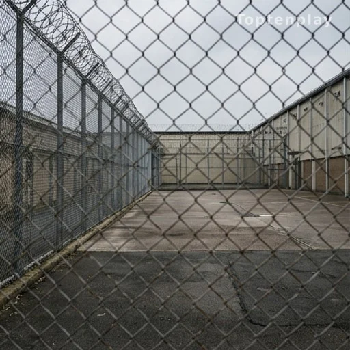 Cour de promenade d'une prison britannique illustrant la sécurité et les conditions de détention
