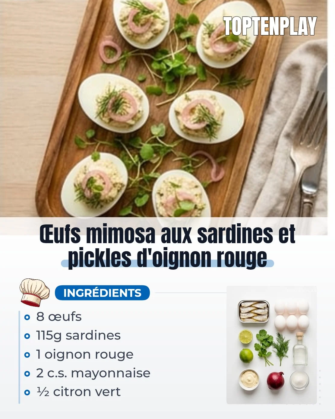 Œufs mimosa aux sardines et pickles d&rsquo;oignon rouge