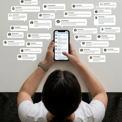 Personne consultant des commentaires viraux sur un réseau social depuis son téléphone