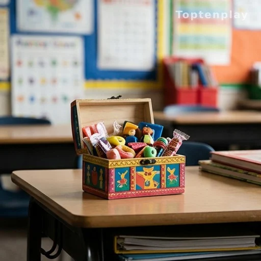 Boîte trésor de classe remplie de petits jouets et friandises sur un bureau d'école
