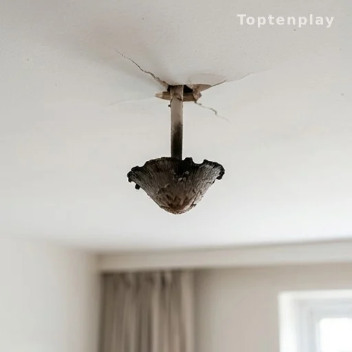 Champignon coprin noir d'encre poussant à travers un plafond d'appartement fissuré