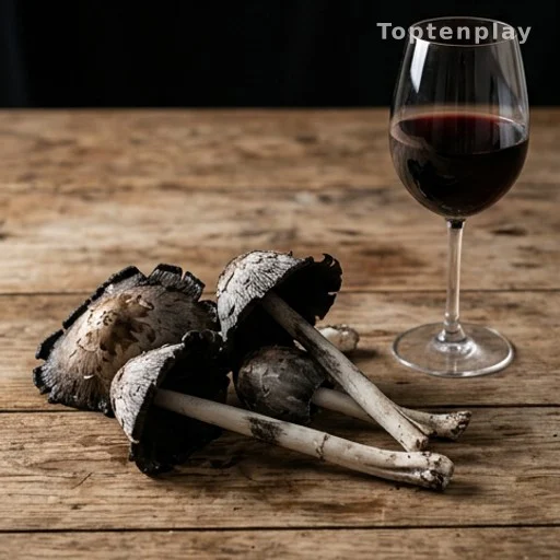 Coprins noirs d'encre posés près d'un verre de vin illustrant le danger de la combinaison alcool et champignon