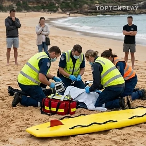 Secours d'urgence intervenant sur une plage