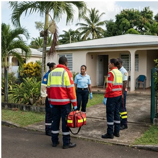 Intervention des secours devant un domicile dans un quartier résidentiel tropical