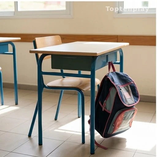 Bureau d'écolier vide avec cartable dans une salle de classe ensoleillée