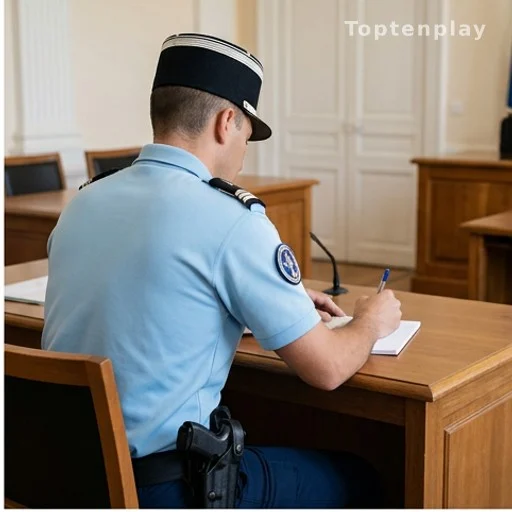 Gendarme prenant des notes lors d'une audition dans le cadre d'une enquête judiciaire