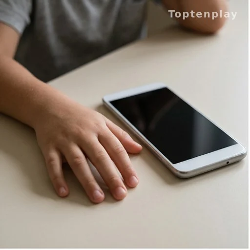 Main d'enfant posée à côté d'un smartphone éteint, symbolisant l'addiction aux écrans