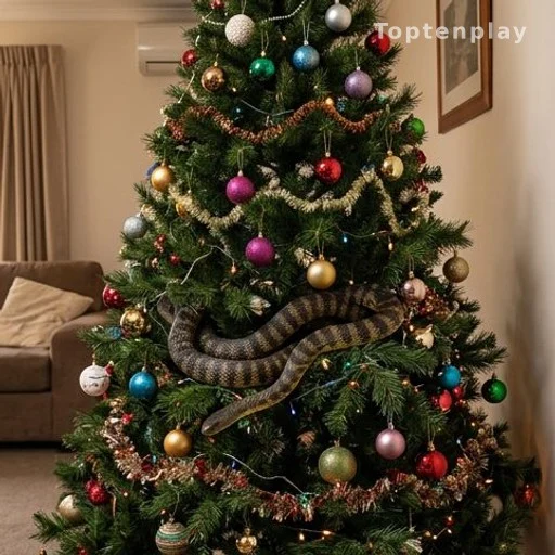 Serpent-tigre rayé enroulé dans un sapin de Noël décoré