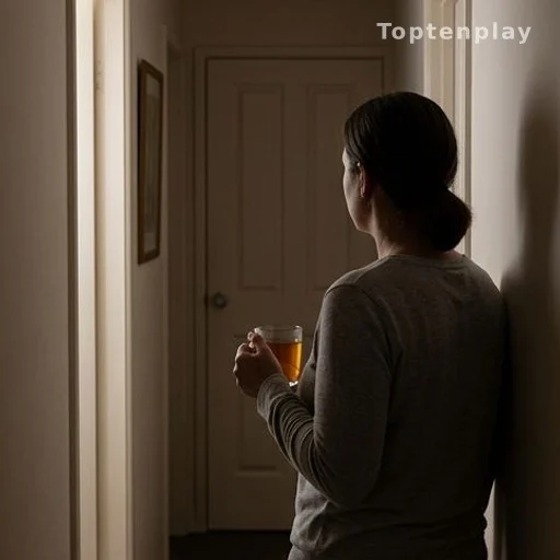 Personne de dos tenant une tasse de thé devant une porte fermée à domicile