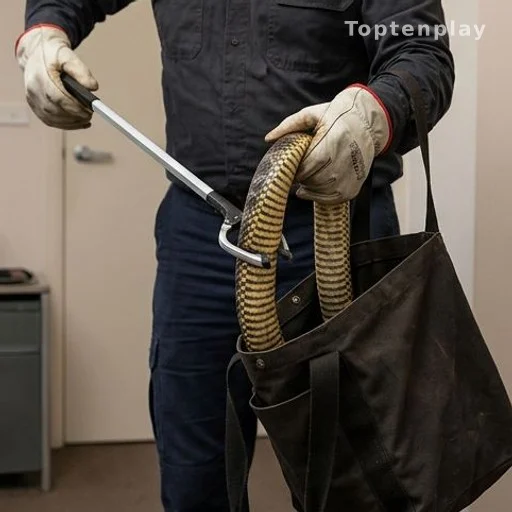 Chasseur de serpents professionnel capturant un serpent-tigre rayé avec des gants
