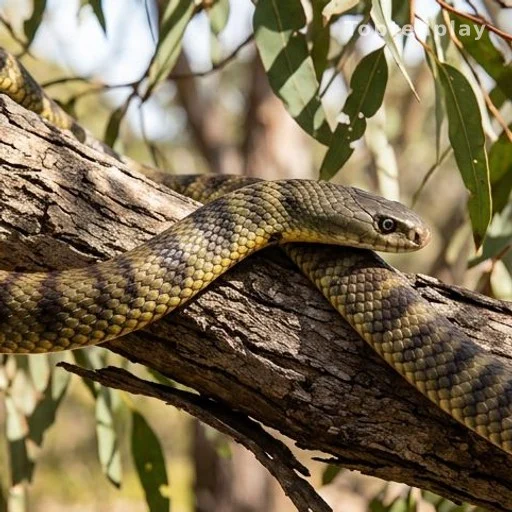 Serpent-tigre australien aux bandes caractéristiques posé sur une branche