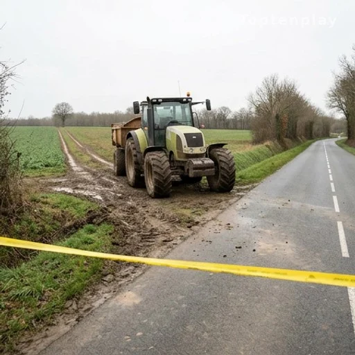 Route rurale vendéenne avec un tracteur agricole sorti d'une exploitation, scène d'accident
