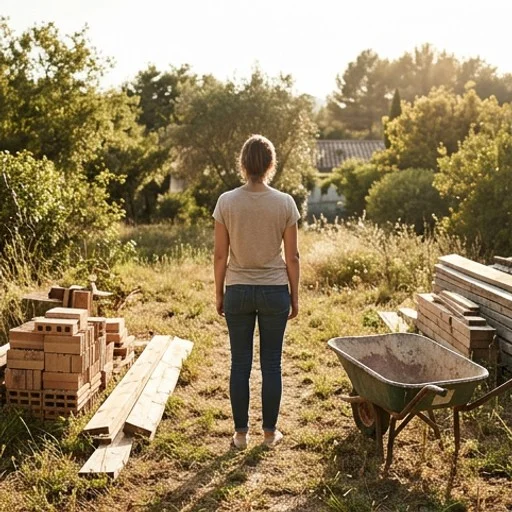 Femme seule de dos dans un jardin en travaux sous le soleil du sud de la France