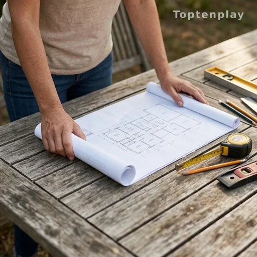 Mains de femme tenant un plan de travaux avec des outils posés sur une table