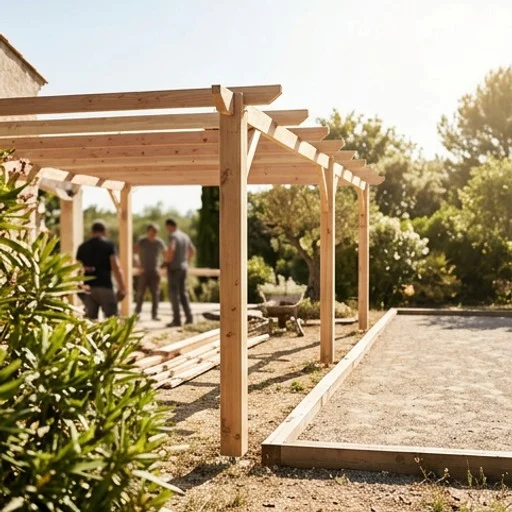 Construction d'une pergola en bois dans un jardin méditerranéen près d'un terrain de pétanque
