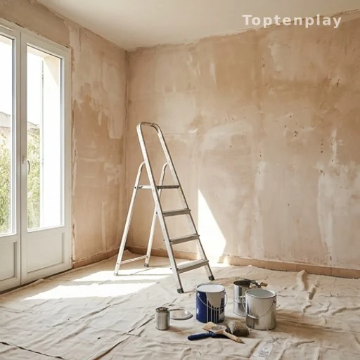 Chambre d'amis en cours de rénovation intérieure, murs nus et matériaux de chantier au sol