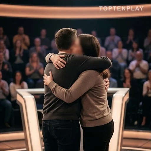 Étreinte émue sur un plateau de télévision