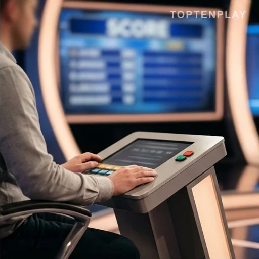 Mains d’un champion près d’un pupitre de quiz