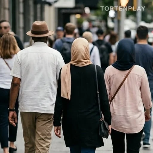 Passants anonymes portant divers couvre-chefs en ville