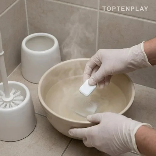 Gants nettoyant une brosse WC avec une pastille
