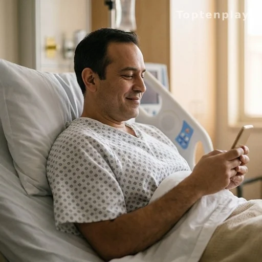 Patient allongé dans un lit d'hôpital tenant un smartphone, hospitalisation appendicite