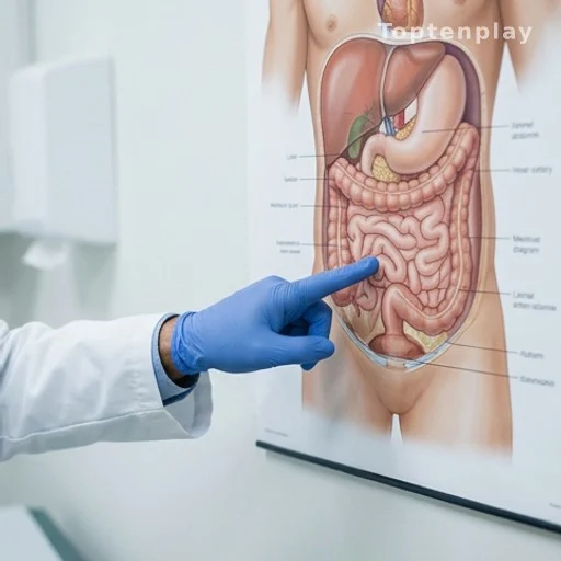Schéma anatomique abdominal montrant la zone de l'appendice, douleur appendicite