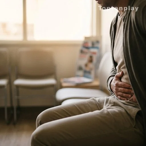 Personne tenant son abdomen droit dans une salle d'attente médicale, douleur appendicite