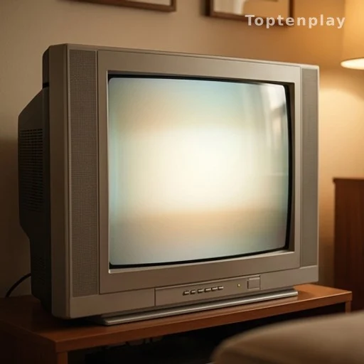 Téléviseur vintage années 2000 allumé, rappelant l'ère de Caméra Café