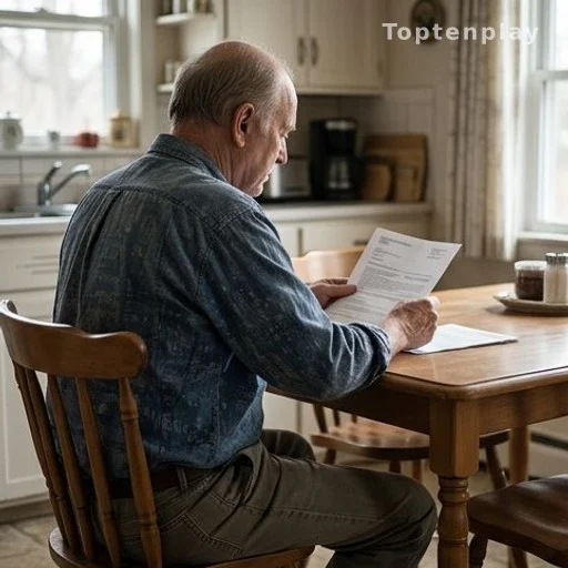 Retraité de dos consultant un document lié à sa pension mensuelle