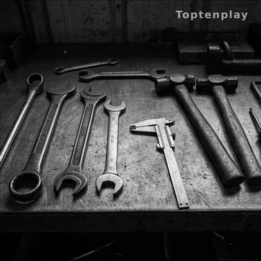 Outils de métallurgie usés sur un établi d'usine, années 1940