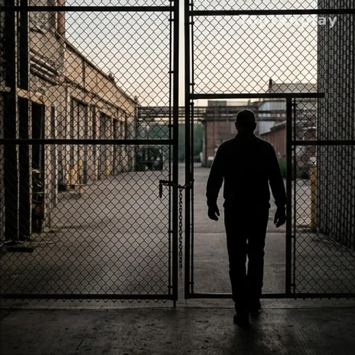Silhouette d'ouvrier quittant une usine fermée, évoquant un licenciement