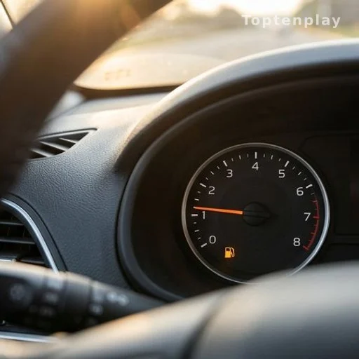 Jauge de carburant proche du vide sur un tableau de bord de voiture en plein soleil
