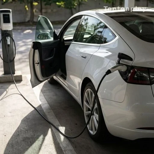 Véhicule électrique branché à une borne de recharge dans un parking ombragé