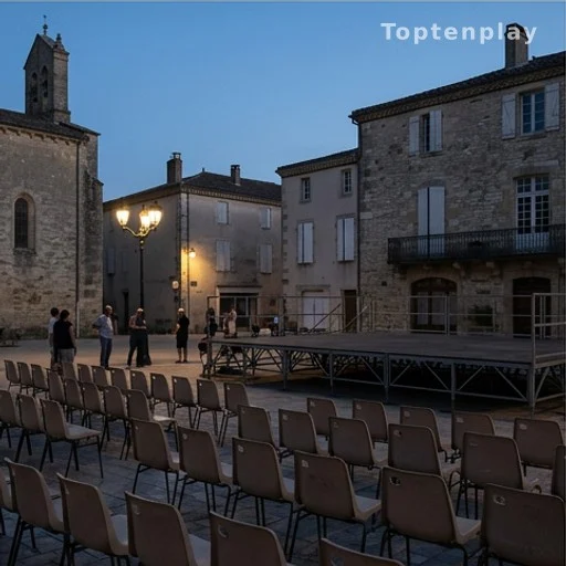 Place de ville française déserte le soir du 14 juillet, feux d'artifice annulés
