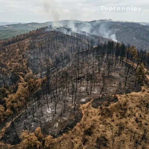 Terrain brûlé et végétation sèche après un incendie de forêt en France