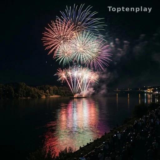 Feux d'artifice du 14 juillet tirés au-dessus d'un fleuve avec reflets sur l'eau