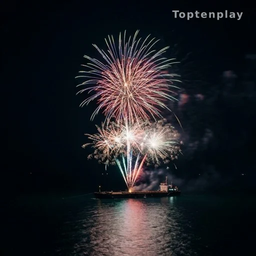 Feux d'artifice tirés depuis la mer lors des festivités du 14 juillet sur le littoral