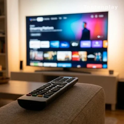 Télécommande posée sur un canapé devant un écran de plateforme de streaming
