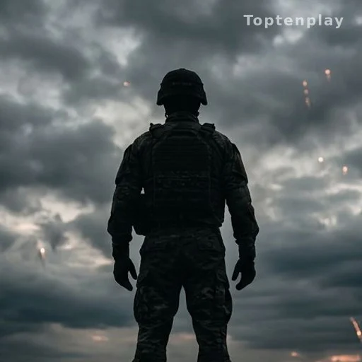 Silhouette de soldat en tenue de combat sous un ciel dramatique