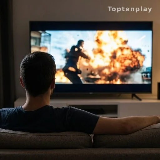 Spectateur de dos regardant un film d'action sur grand écran dans un salon sombre