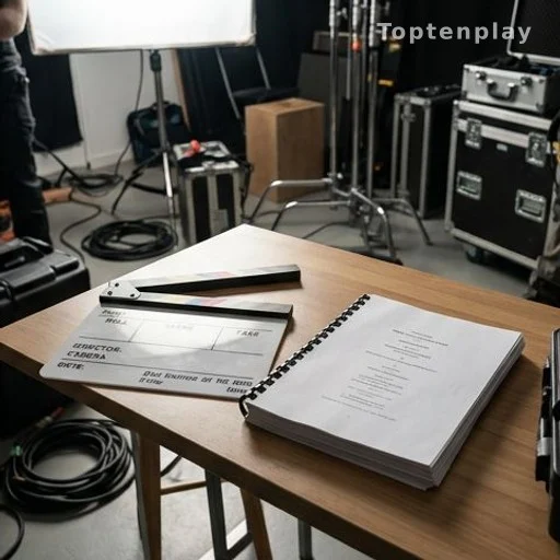 Clap de cinéma et script sur une table de production en studio