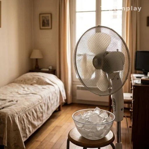 Chambre d'appartement parisien avec ventilateur et bol de glace en été