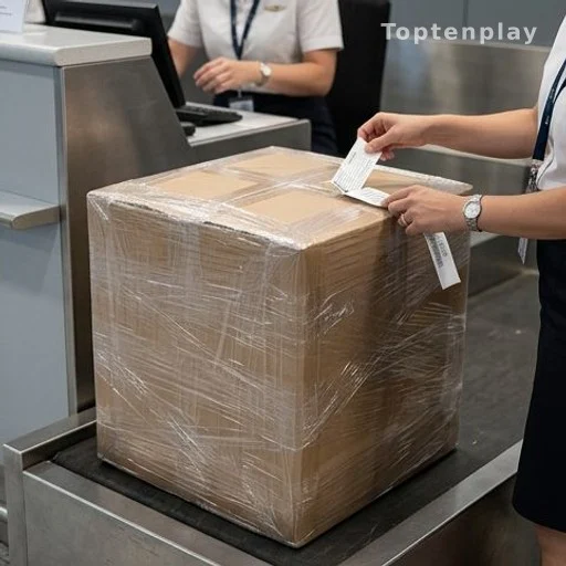 Carton emballé avec film protecteur au comptoir d'enregistrement d'un aéroport