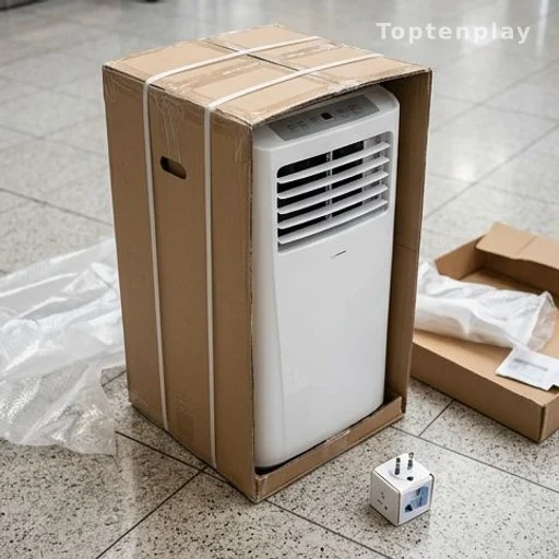 Climatiseur portable dans son carton avec emballage aéroport et adaptateur électrique