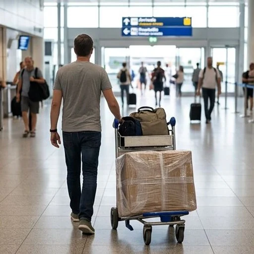 Voyageur de dos tirant un gros colis emballé dans un hall d'aéroport