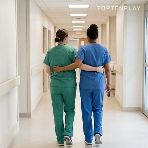 Deux infirmières enceintes avancent ensemble dans la maternité